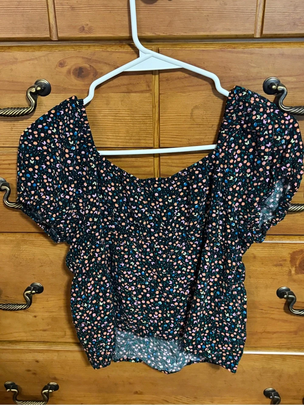 love, Fire Black Floral Puff Sleeve Crop Top & Skirt with Pink & Orange Dots